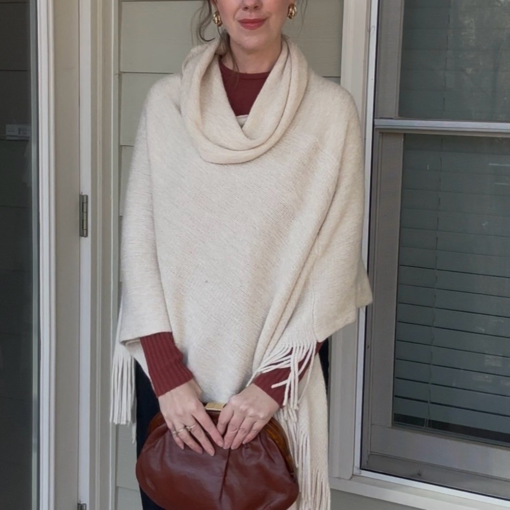 Chico's Soft Beige Cowl Neck Fringe Knit Poncho One Size